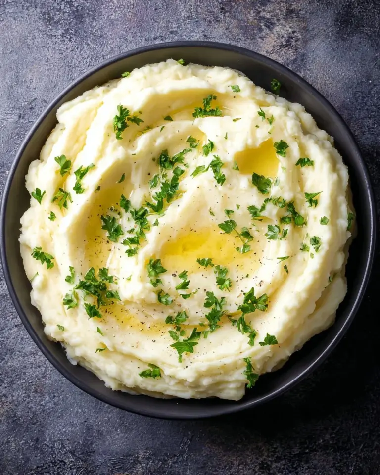 Creamy parsnip puree served in a bowl, garnished with herbs.