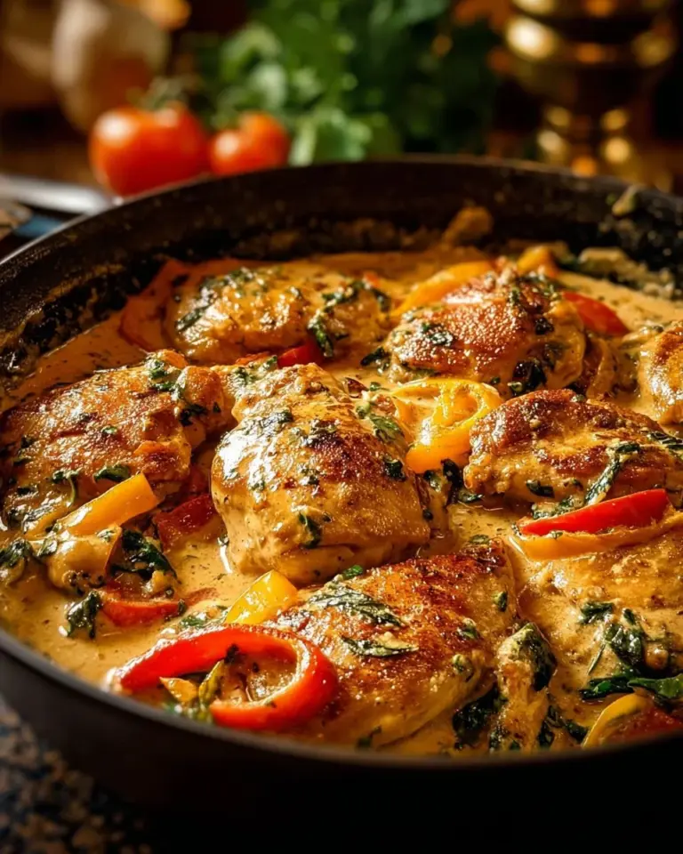 A delicious plate of creamy Tuscan chicken garnished with herbs and sun-dried tomatoes