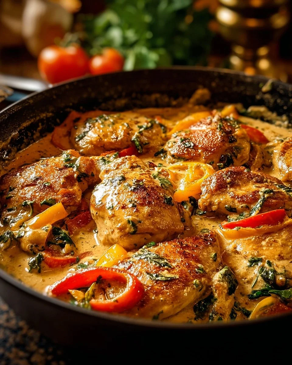 A delicious plate of creamy Tuscan chicken garnished with herbs and sun-dried tomatoes