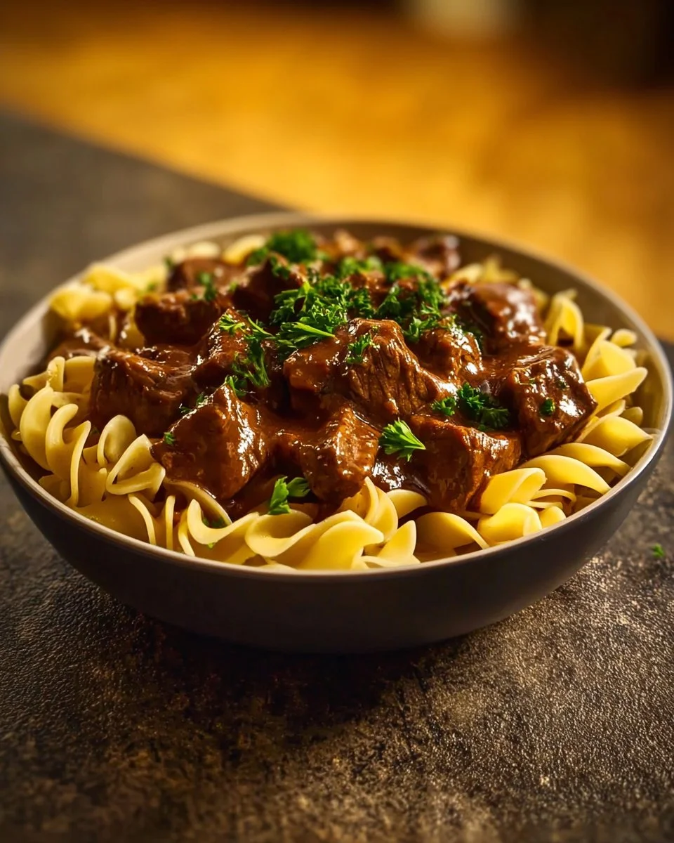 Crockpot beef tips and noodles served in a bowl with herbs