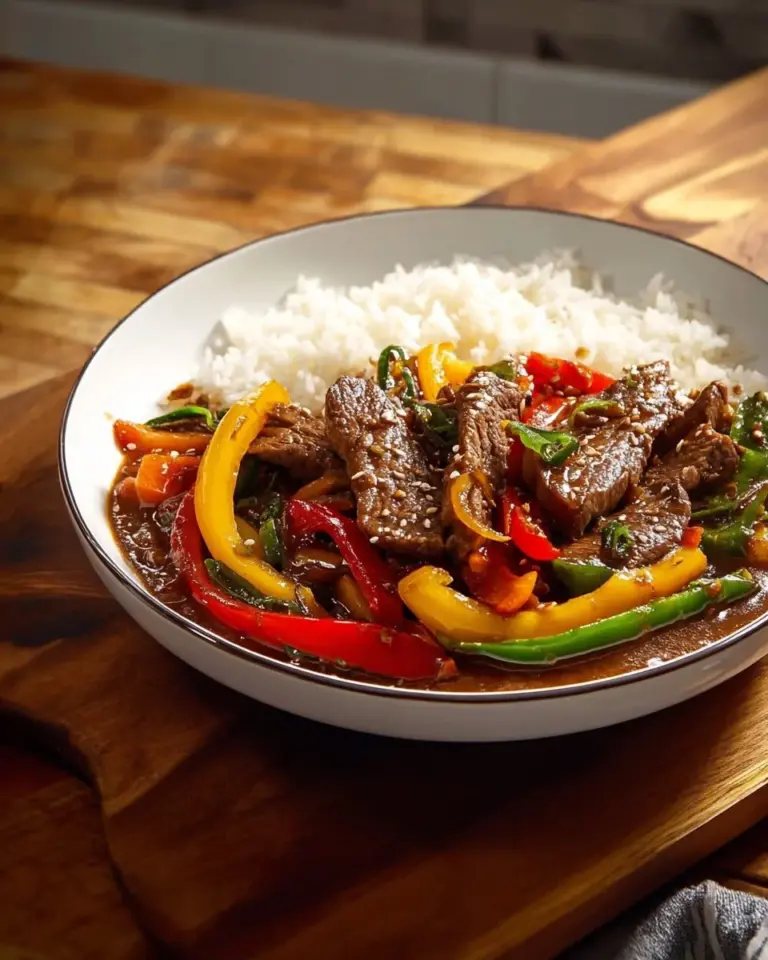 Crockpot pepper steak dish served with rice and vegetables