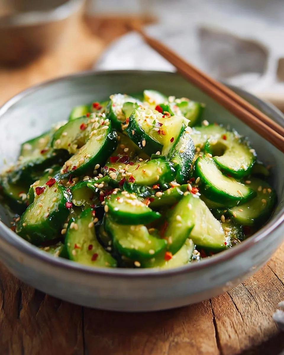 Fresh cucumber salad with herbs and dressing in a bowl
