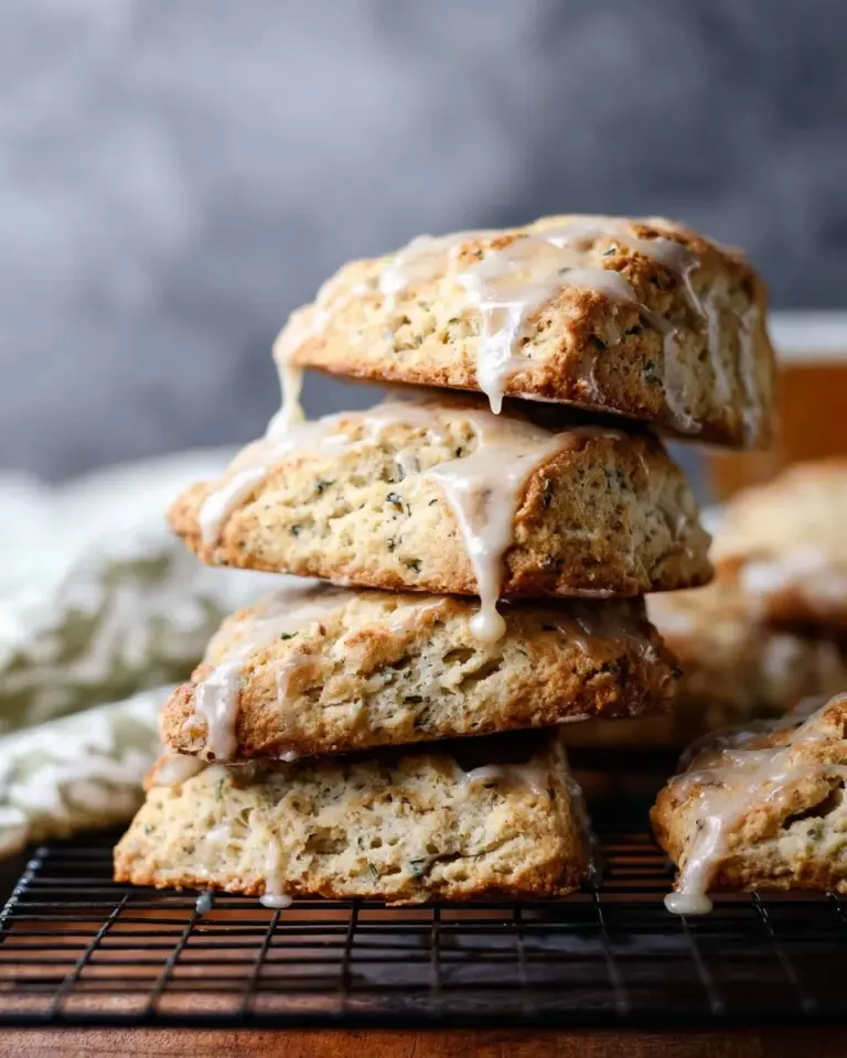Freshly baked Earl Grey scones with lemon glaze on a plate