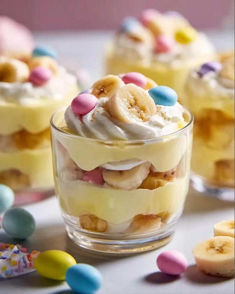 Easter Banana Pudding Cups topped with whipped cream and banana slices