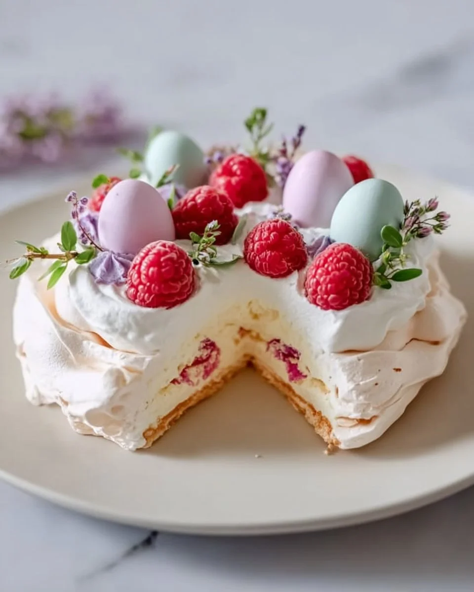 Easter Pavlova topped with berries and cream, a festive dessert for spring celebrations.