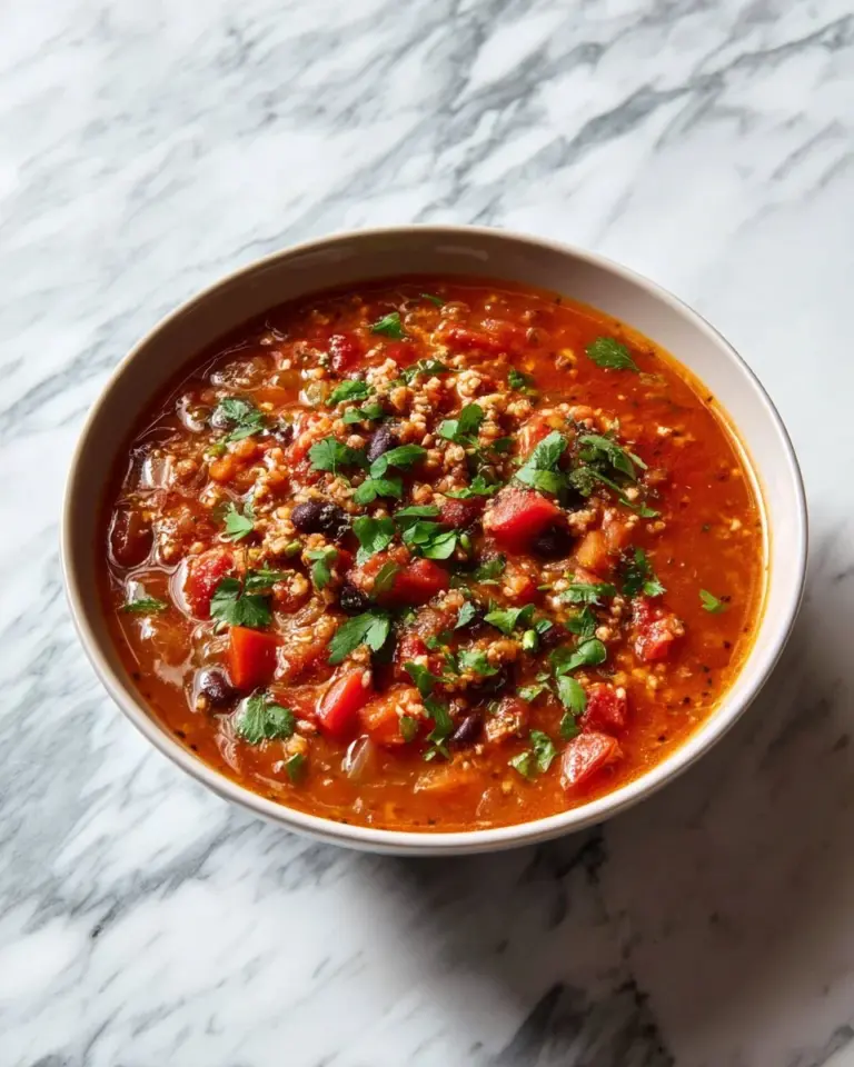Bowl of easy stuffed pepper soup with colorful bell peppers and rice.