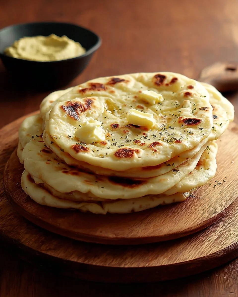 Homemade Garlic and Butter Flatbread served on a wooden board