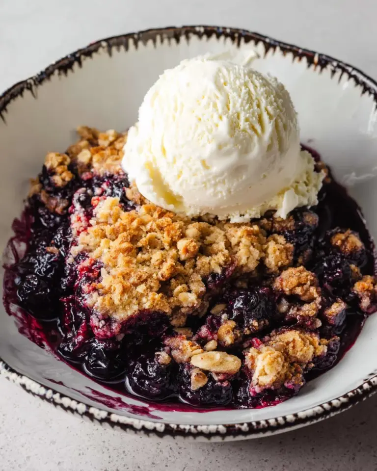 Delicious gluten-free blueberry crisp topped with oats and cinnamon