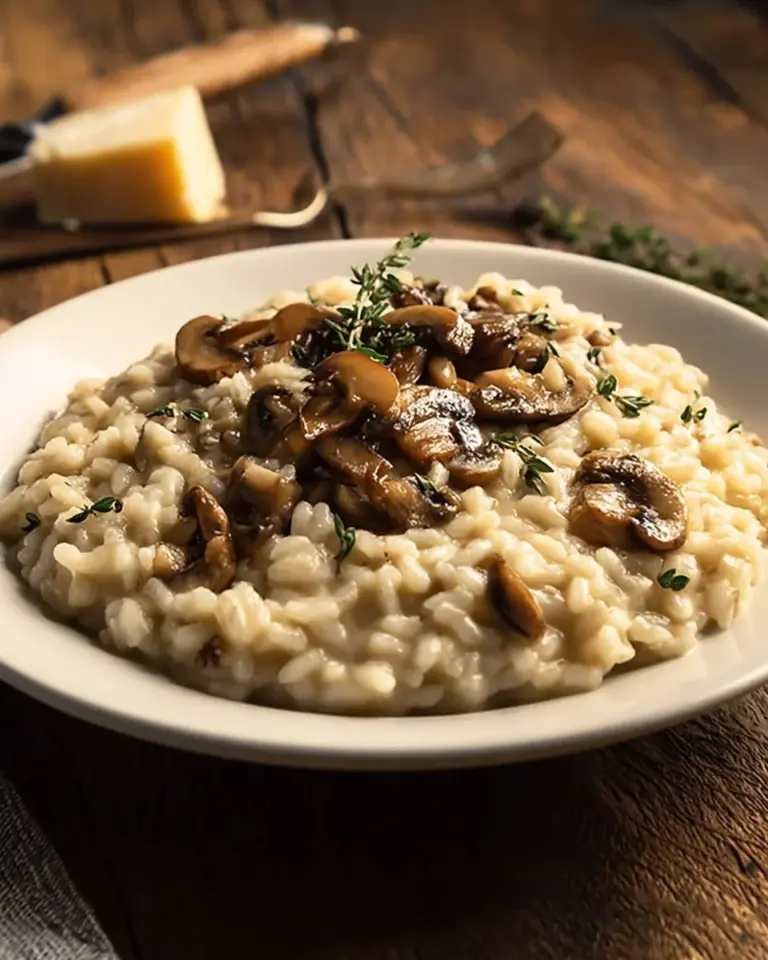 Delicious gourmet mushroom risotto served in a bowl with fresh herbs