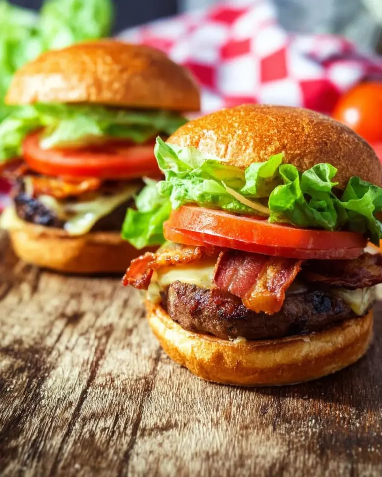 Grilled Chipotle BLT Cheeseburgers served on a wooden board with fresh ingredients