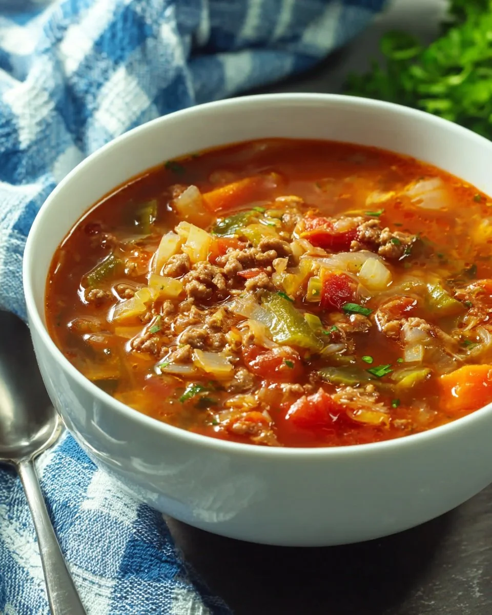 Bowl of hearty ground beef and cabbage soup garnished with herbs