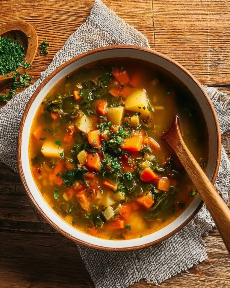 Bowl of hearty vegetable soup filled with colorful vegetables and herbs
