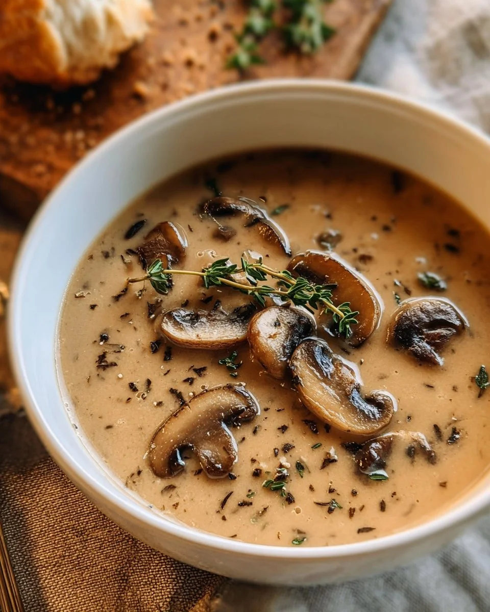 Bowl of Instant Pot creamy mushroom soup garnished with herbs and served with bread.