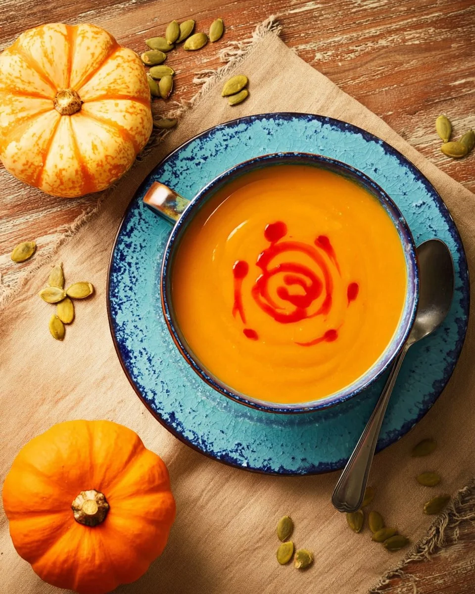 Bowl of Jamaican Pumpkin Soup garnished with herbs and spices