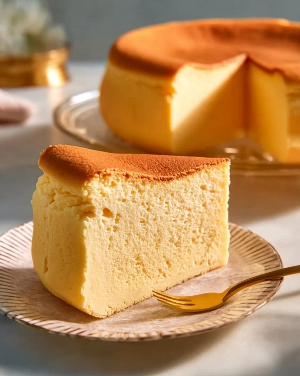 Delicious slice of light and fluffy Japanese Cheesecake on a plate.