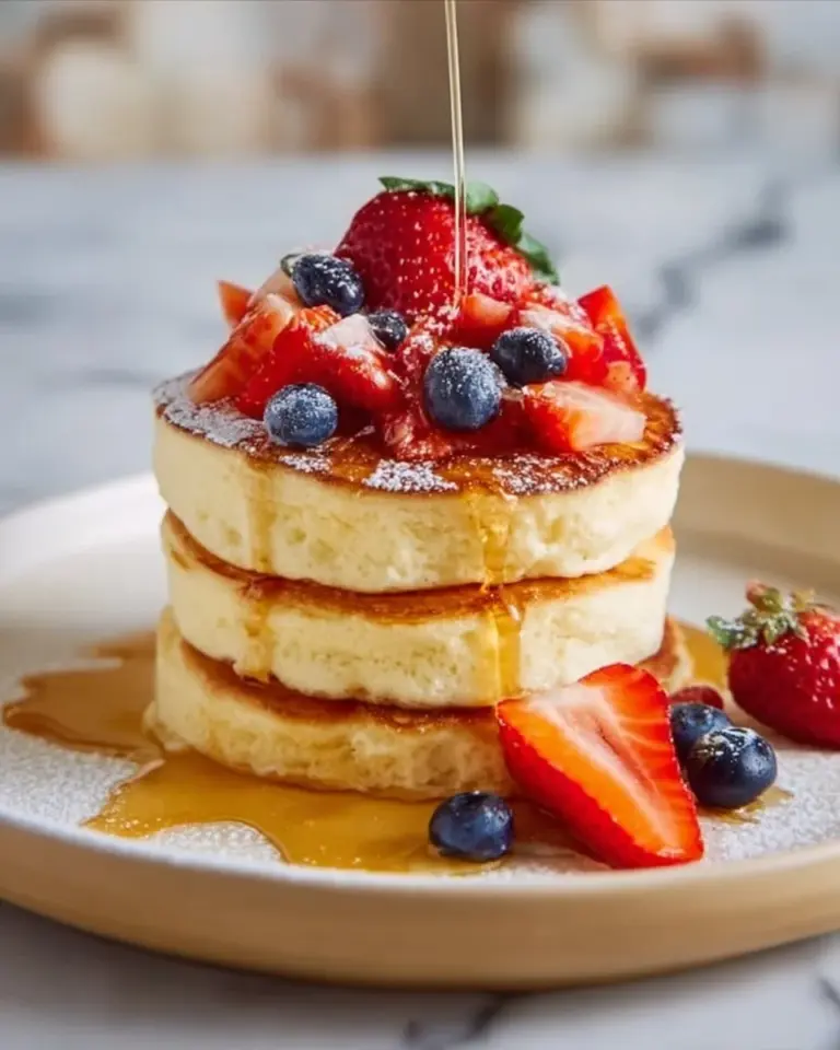 Japanese fluffy pancakes stacked with syrup and berries on a plate