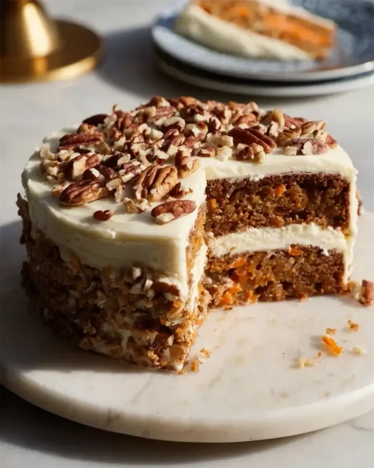 Low carb carrot cake served on a white plate with cream frosting