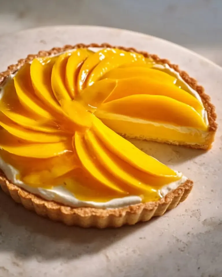Delicious mango tart with fresh mango slices on top, served on a rustic wooden table