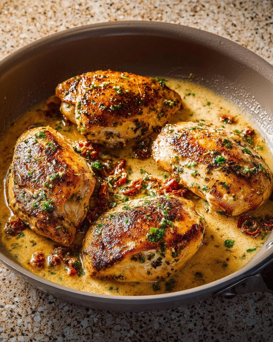 Delicious Marry Me Chicken dish served with herbs and cream sauce