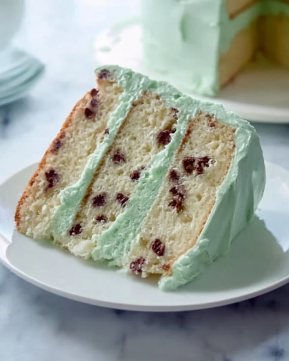 Delicious Mint Chocolate Chip Cake with mint frosting and chocolate chips
