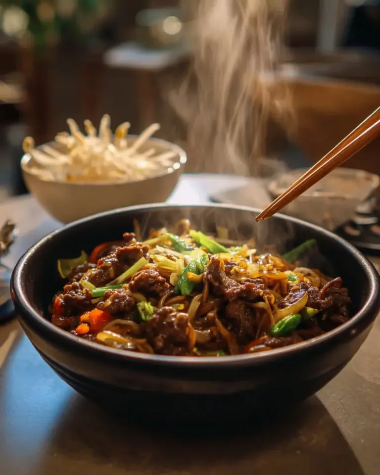 Mongolian BBQ stir-fry with colorful vegetables and tender meat
