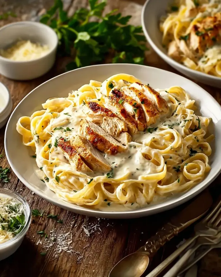 Creamy Olive Garden Chicken Alfredo served with fettuccine pasta