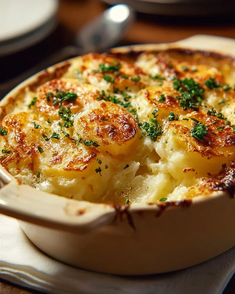 Creamy Potatoes Romanoff topped with cheese and herbs