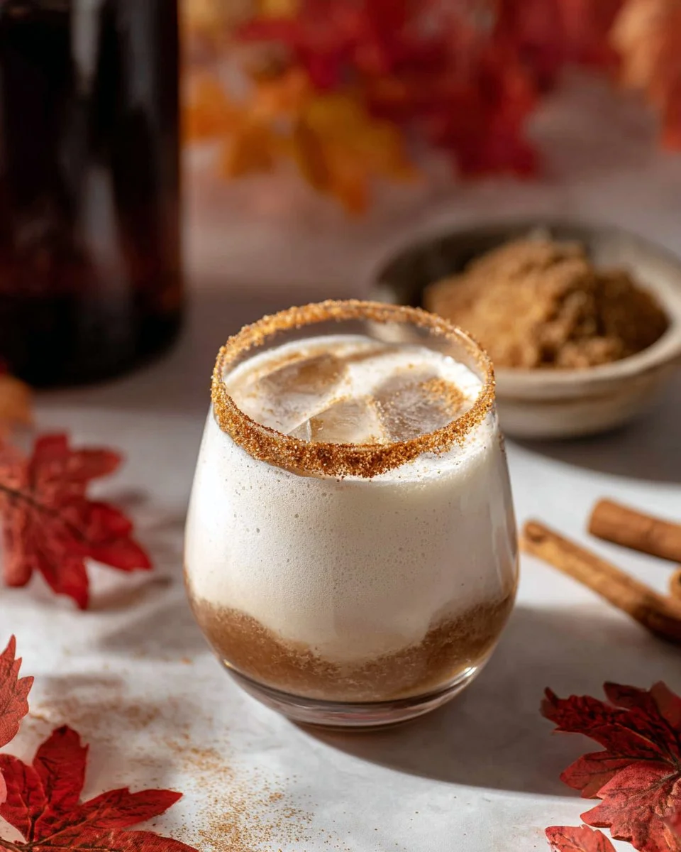 A delicious Pumpkin Spice White Russian cocktail topped with whipped cream.