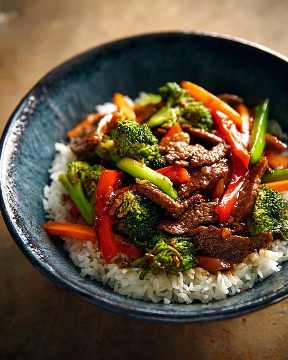 Quick beef stir-fry with fresh vegetables in a skillet