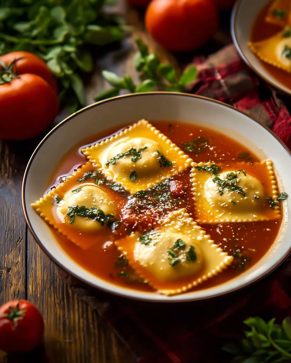Bowl of Ravioli Soup with fresh herbs and garlic bread on the side