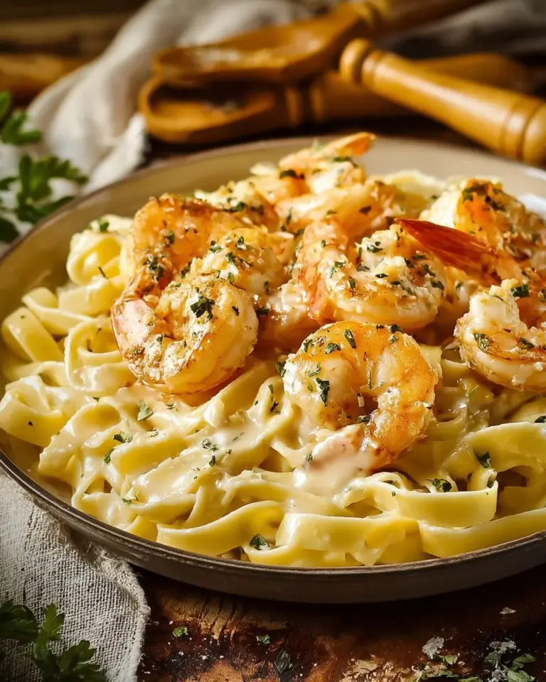 Delicious Shrimp Alfredo Pasta topped with fresh herbs and parmesan