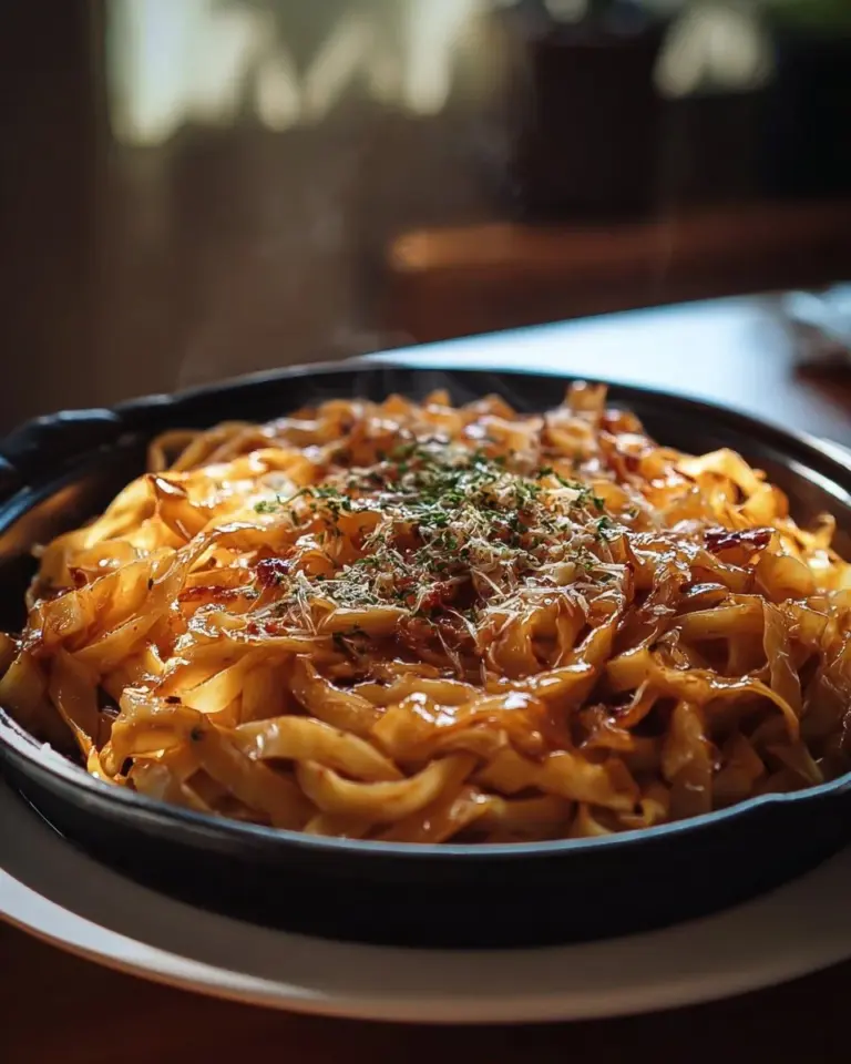 Delicious slow cooker caramelized onion pasta in a bowl