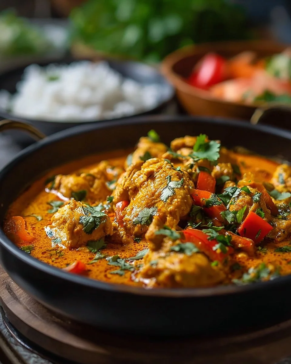 A bowl of delicious slow cooker chicken curry with spices and vegetables