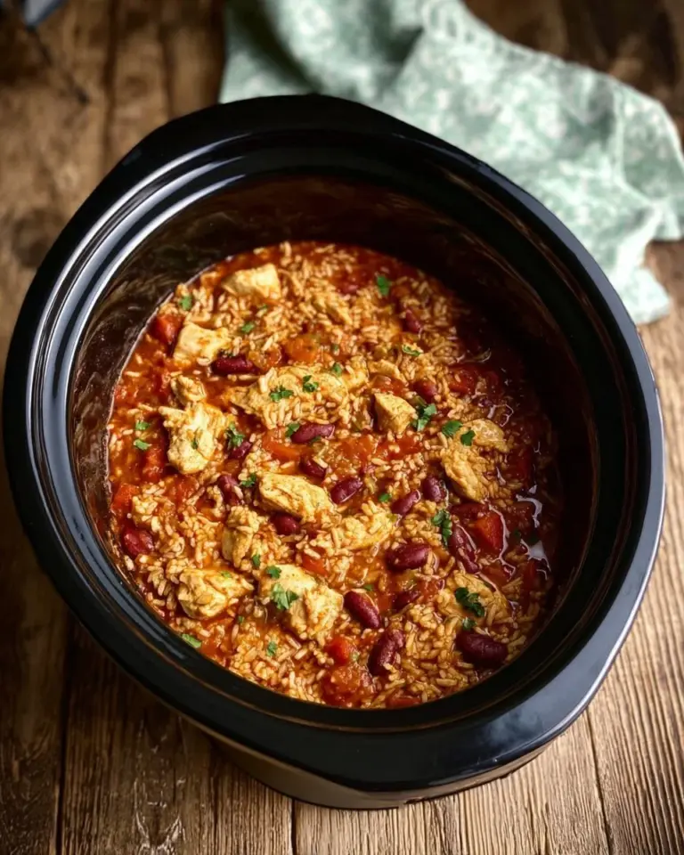 A delicious bowl of slow cooker chicken jambalaya with vibrant vegetables and spices.