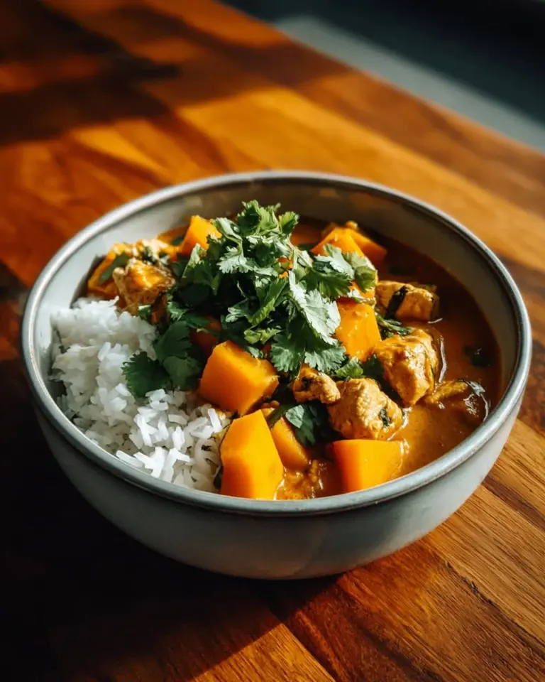 Delicious slow cooker mango chicken curry in a bowl