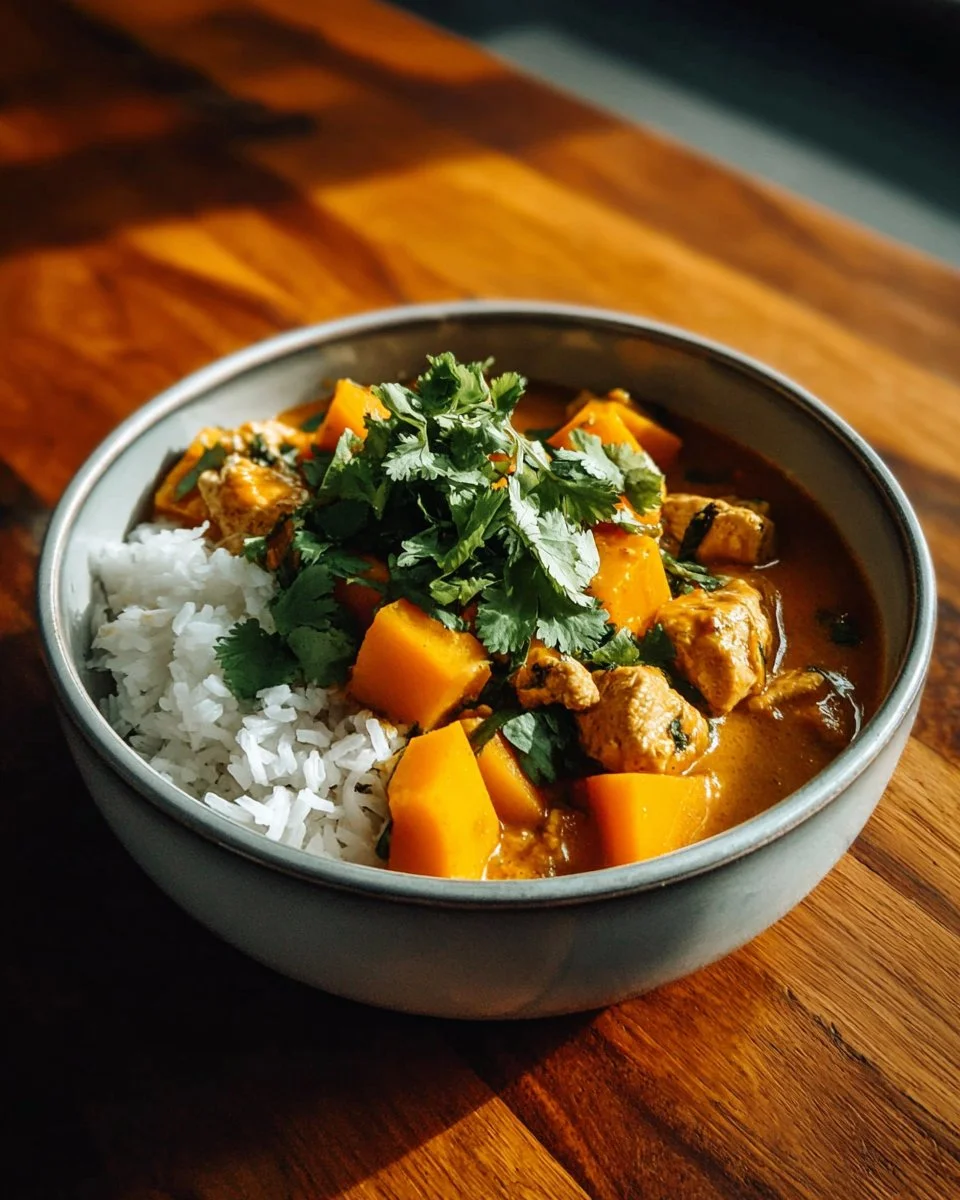 Delicious slow cooker mango chicken curry in a bowl