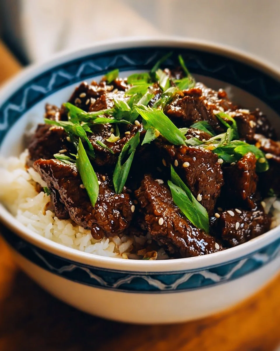 Bowl of Slow Cooker Mongolian Beef served with rice and garnished with green onions