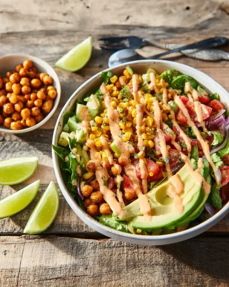 Delicious Sriracha Chicken Burrito Bowl with colorful ingredients