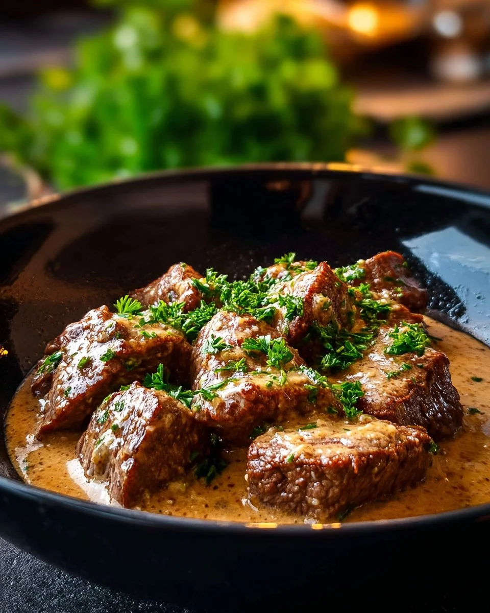 Delicious steaks topped with creamy garlic sauce on a plate