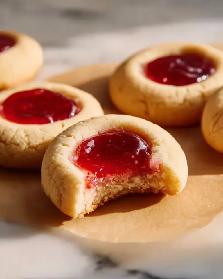 Freshly baked strawberry thumbprint cookies topped with vibrant strawberry jam.