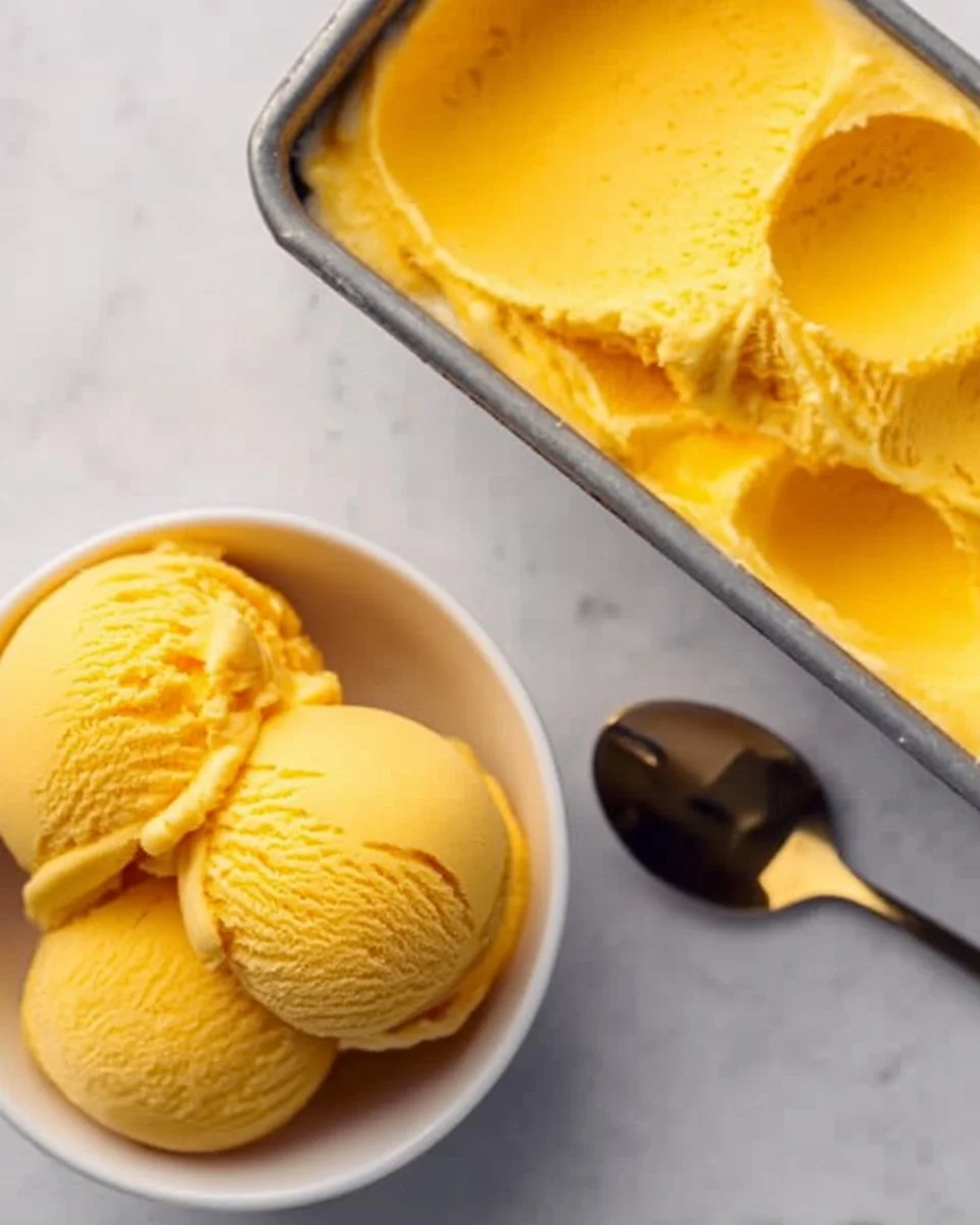 Creamy summer mango ice cream in a bowl