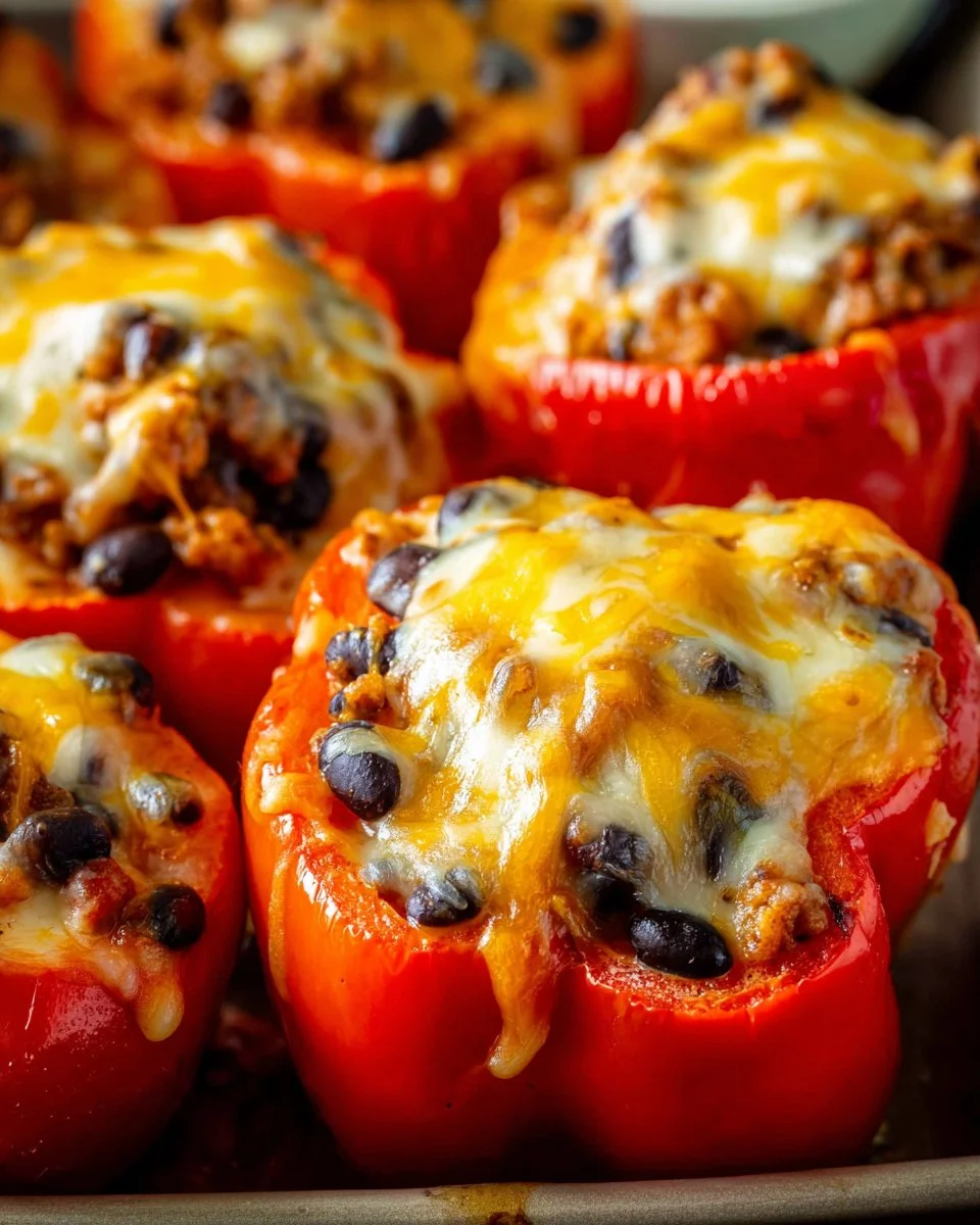 Taco stuffed peppers filled with seasoned meat, beans, and cheese