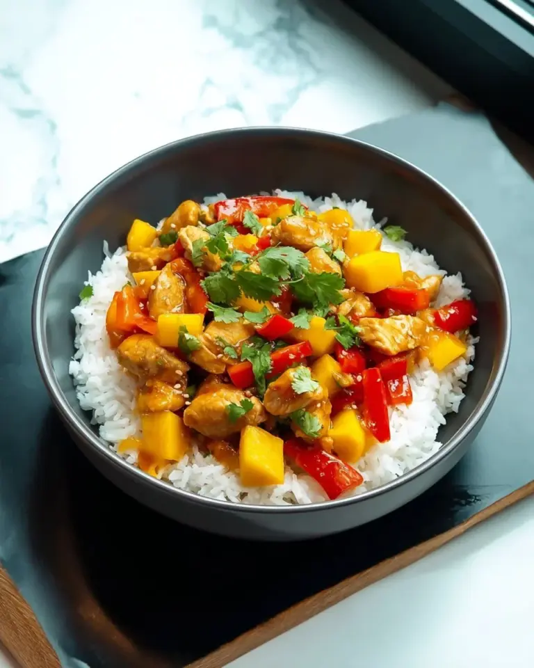 Delicious plate of Thai Mango Chicken garnished with fresh herbs