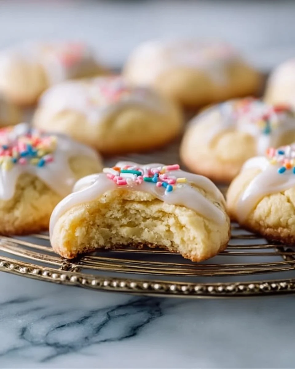 Delicious thumbprint cookies with icing and colorful toppings on a plate.
