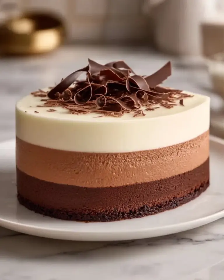 Triple Layer Chocolate Mousse Cake with rich chocolate layers and garnish.