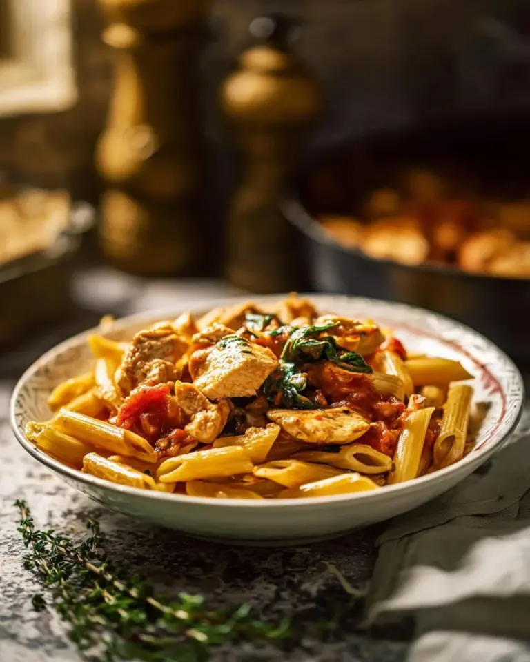 Delicious plate of Tuscan Chicken Pasta with chicken, sun-dried tomatoes, and spinach