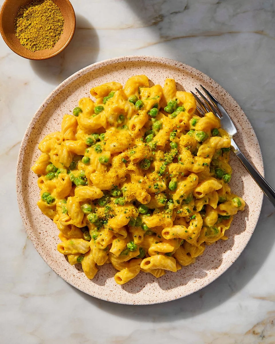 Creamy vegan carrot mac and cheese topped with fresh herbs