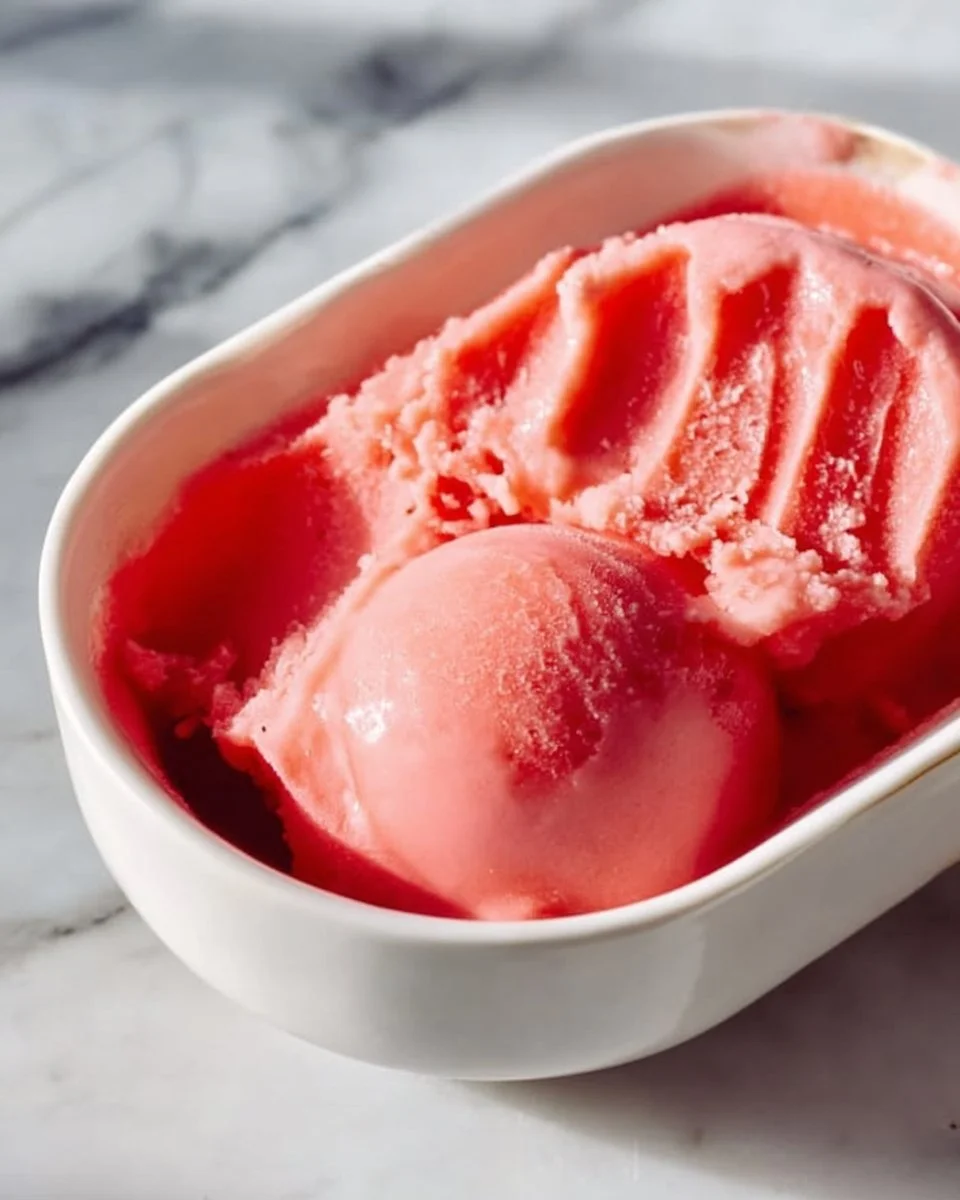 Delicious Watermelon Sorbet served in a bowl with fresh watermelon slices.