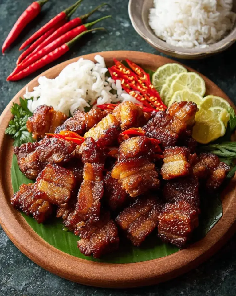 Delicious crispy pork belly Thai-style dish served with fresh herbs and sauce