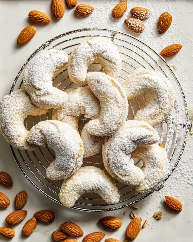 Almond Crescent Cookies shaped like crescents, dusted with powdered sugar